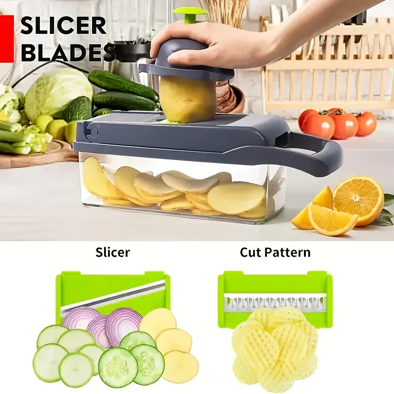 14 In 1 Vegetable Chopper, Onion Dicer, Food Slicer And Cutter With 8 Blades And Container, Multifunctional Kitchen Gadget